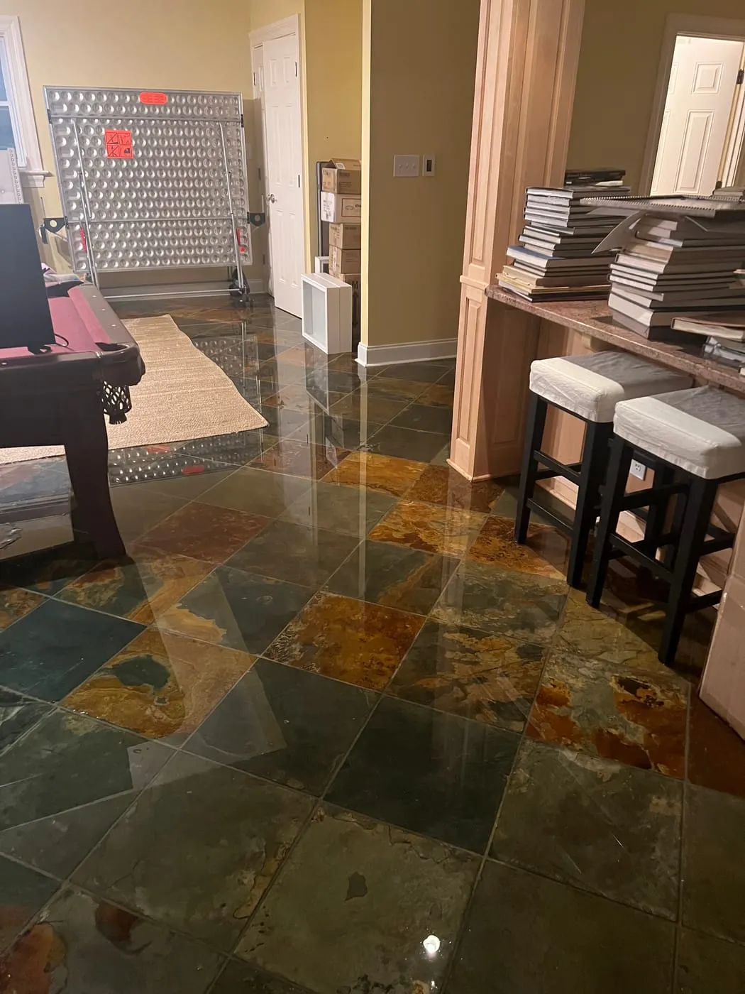 Standing water across the floor of a flooded family room