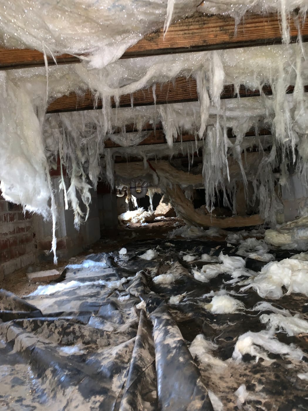 Icicles hanging from a ceiling and ice spread across the floor below after a frozen pipe burst