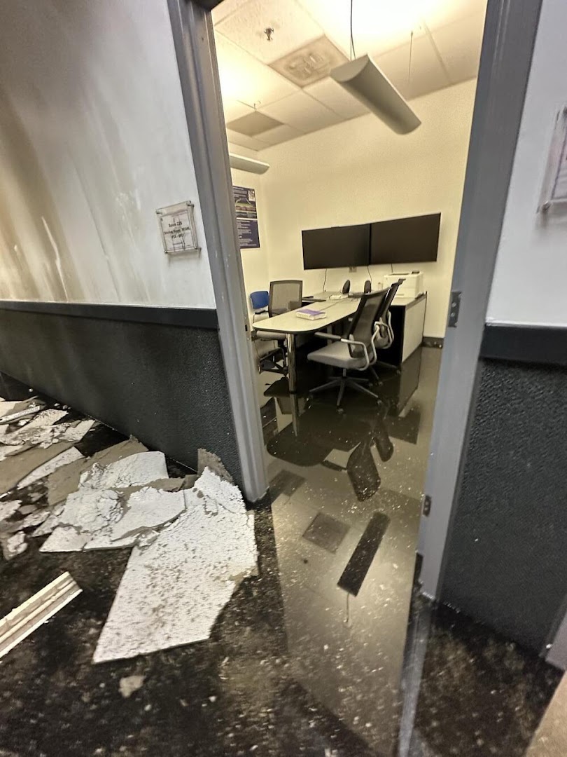 A commercial office with ceiling debris across the carpet by the doorway, desks and monitors beyond