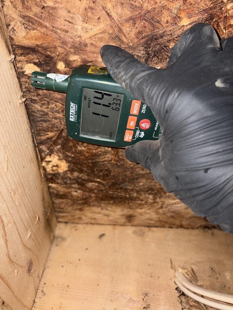 A gloved hand pressing a digital moisture meter into an exposed subfloor at the wall line, the reading visible on its screen